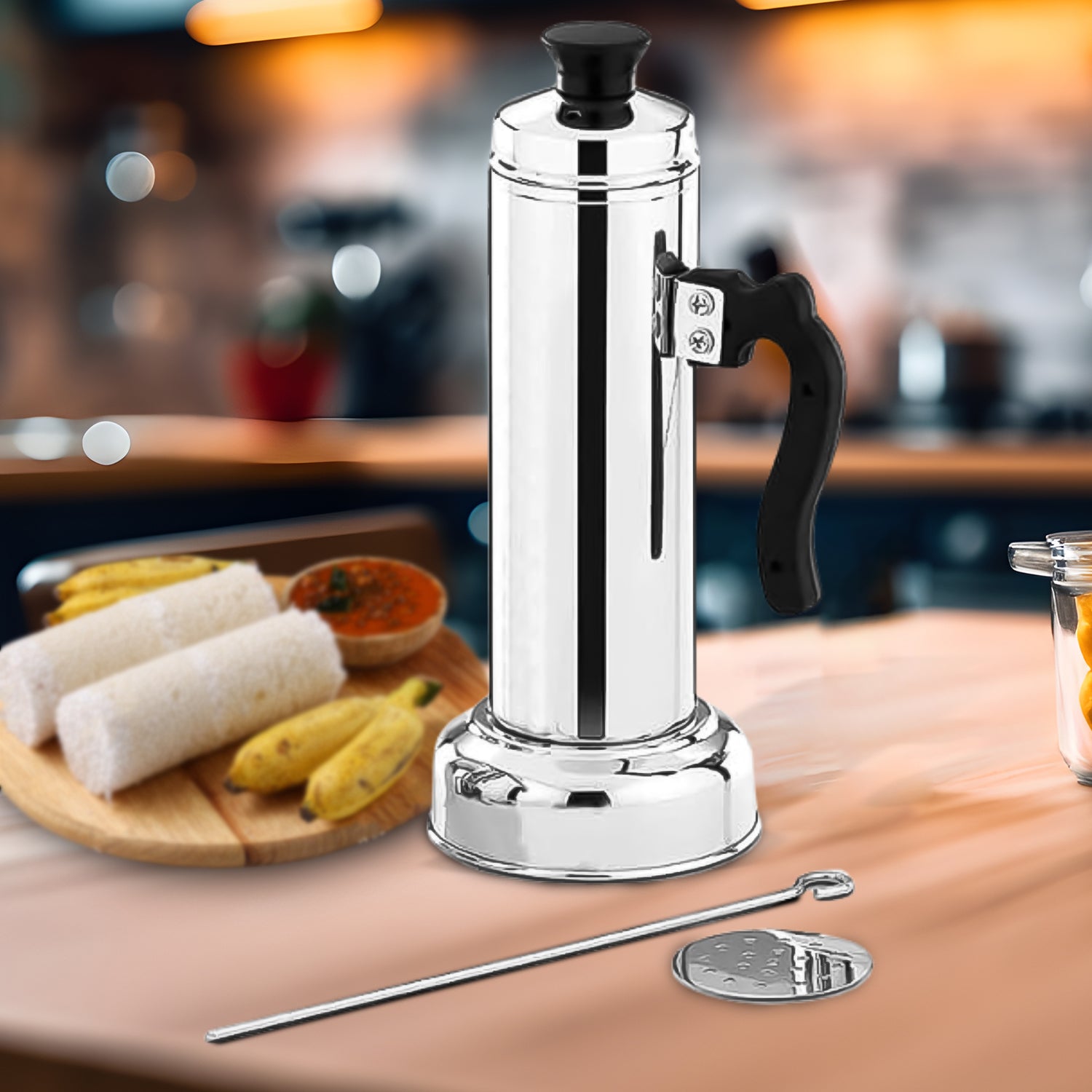 5311 Puttu Maker With Steamer Plate Metal Stick Black Plastic Handle Silver Lid  Puttu Maker Set  To Use With Pressure Cooker Top Food Grade Stainless Steel 5311 Puttu Maker With Steamer Plate Metal Stick Black Plastic Handle Silver Lid  Puttu Maker Set  To Use With Pressure Cooker Top Food Grade Stainless Steel